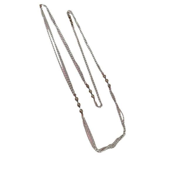 Vintage 55" Three Strand Beaded Necklace Silver Tone Chain Champagne Beads - Picture 1 of 13